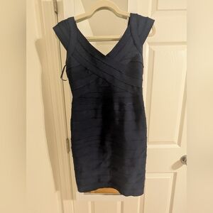 Aqua Brand Navy V-Neck Bandage Midi Dress